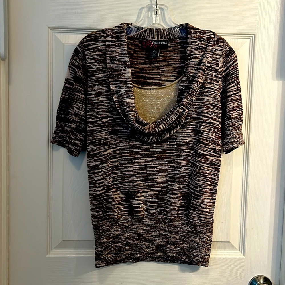 Peckโ and Peck Womenโs Gold Short Sleeve Layered Look Knit top Shirt Size M